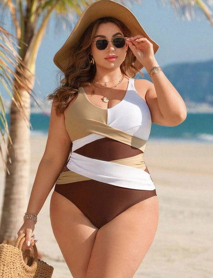 Plus Size Tummy Control Color Block Wrap One Piece Swimsuit
