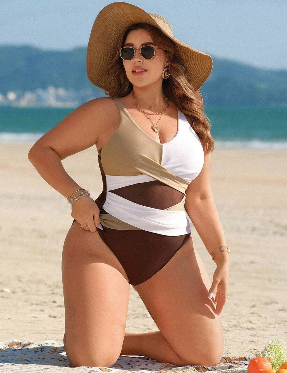Plus Size Tummy Control Wrap Color Block One Piece Swimsuit
