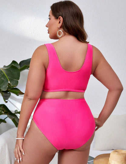 Plus Size Colorblock Tummy Control Wrap Bikini Set