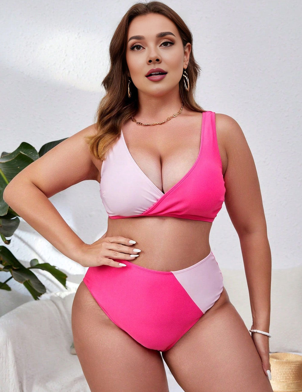 Plus Size Hot Pink Color Block Tummy Control Wrap Bikini Set