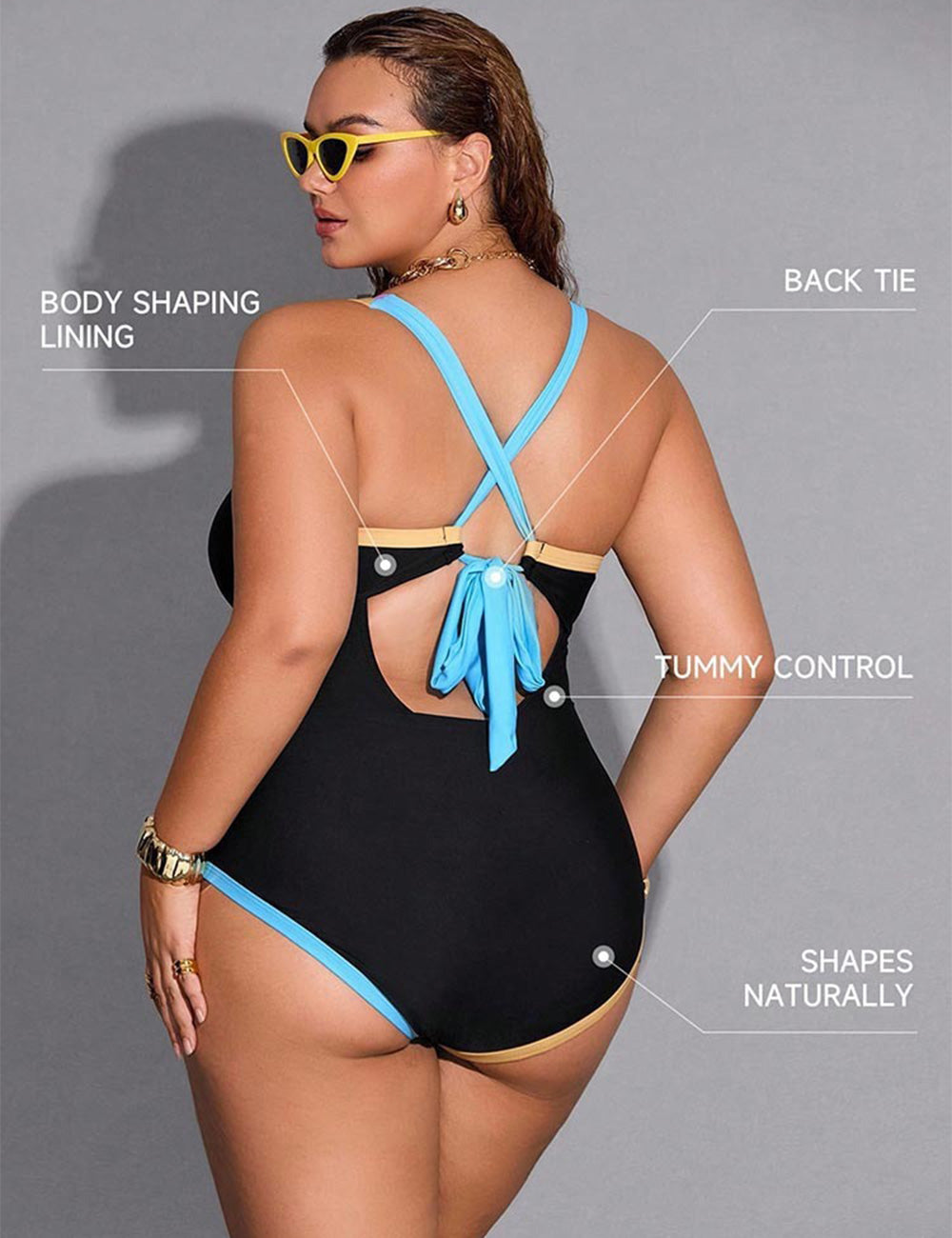 Plus Size Color Block Criss Cross Back Tie One Piece Swimsuit