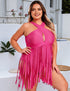 Plus Size Fuchsia Crisscross Halter Cut-Out Fringe Swim Dress