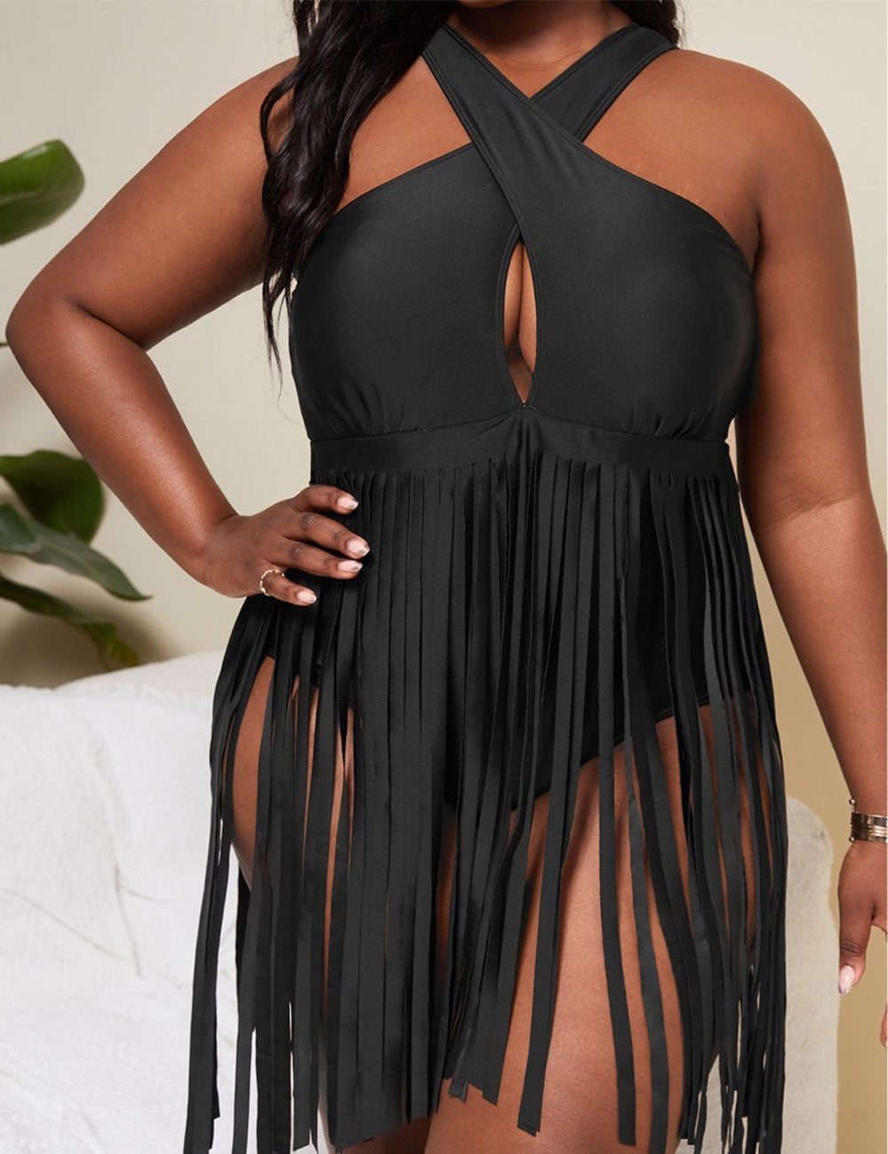 Plus Size Black Fuchsia Crisscross Halter Cut-Out Fringe Swim Dress