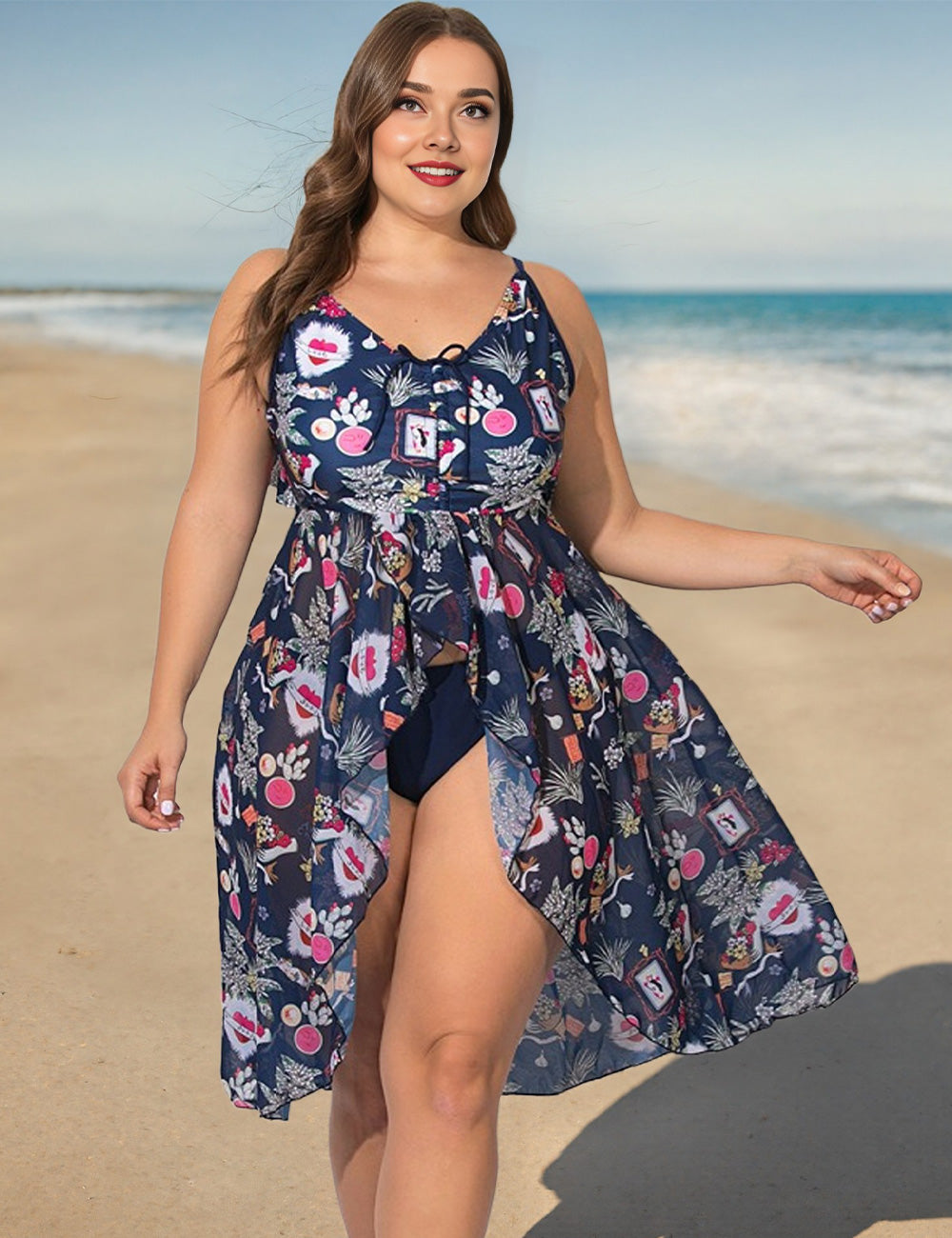 Navy Plus Size Floral Backless Swim Dress