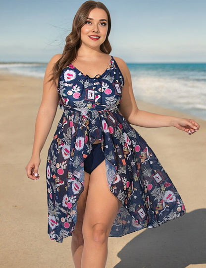 Navy Plus Size Floral Backless Swim Dress