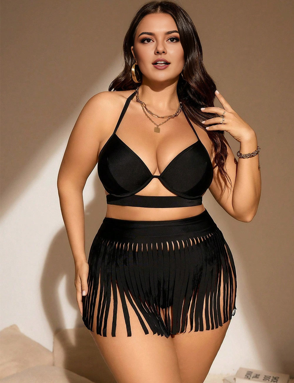 Plus Size Black Fringe Skirt 3 Piece Bikini Set