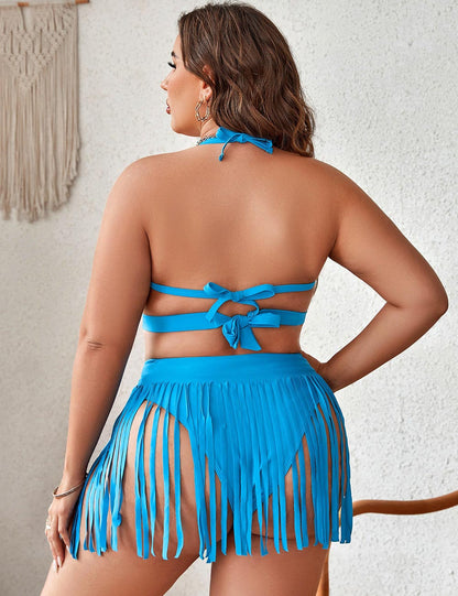 Blue Plus Size Fringe Skirt 3 Piece Bikini Set