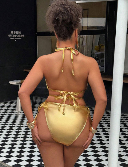 Plus Size Metallic Gold Halter Tie-Side Bikini Set