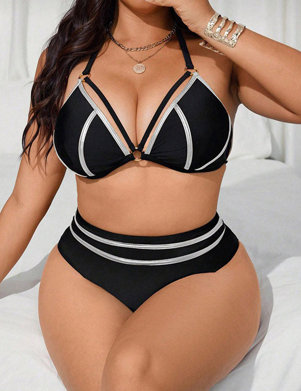 Plus Size Halter Metallic Triangle Bikini Set Silver