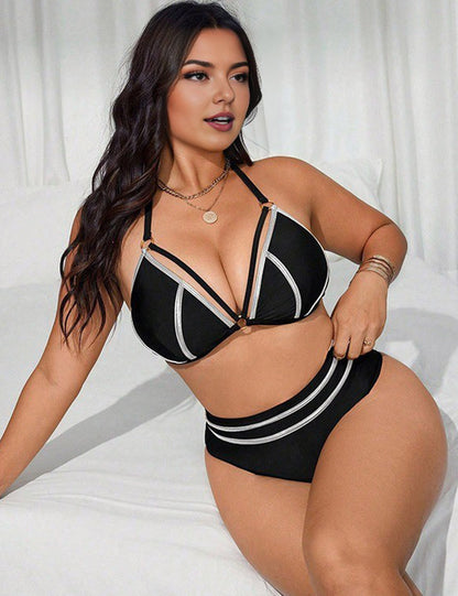 Plus Size Silver Halter Metallic Triangle Bikini Set