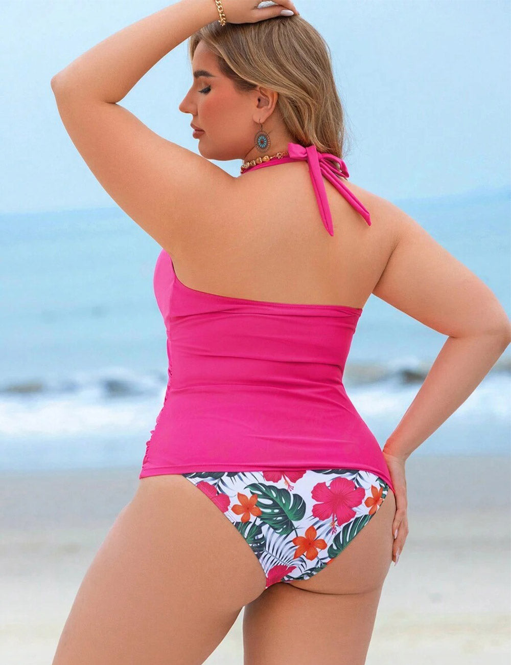 Plus Size Hot Pink Halter Ruched Tankini Set