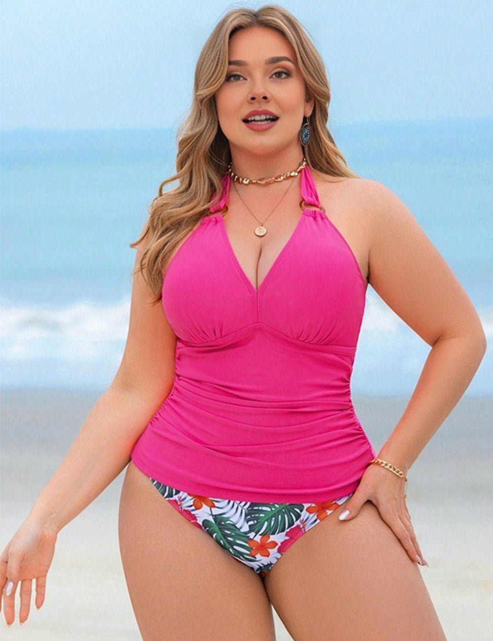 Plus Size Halter Ruched Tankini Set Hot Pink