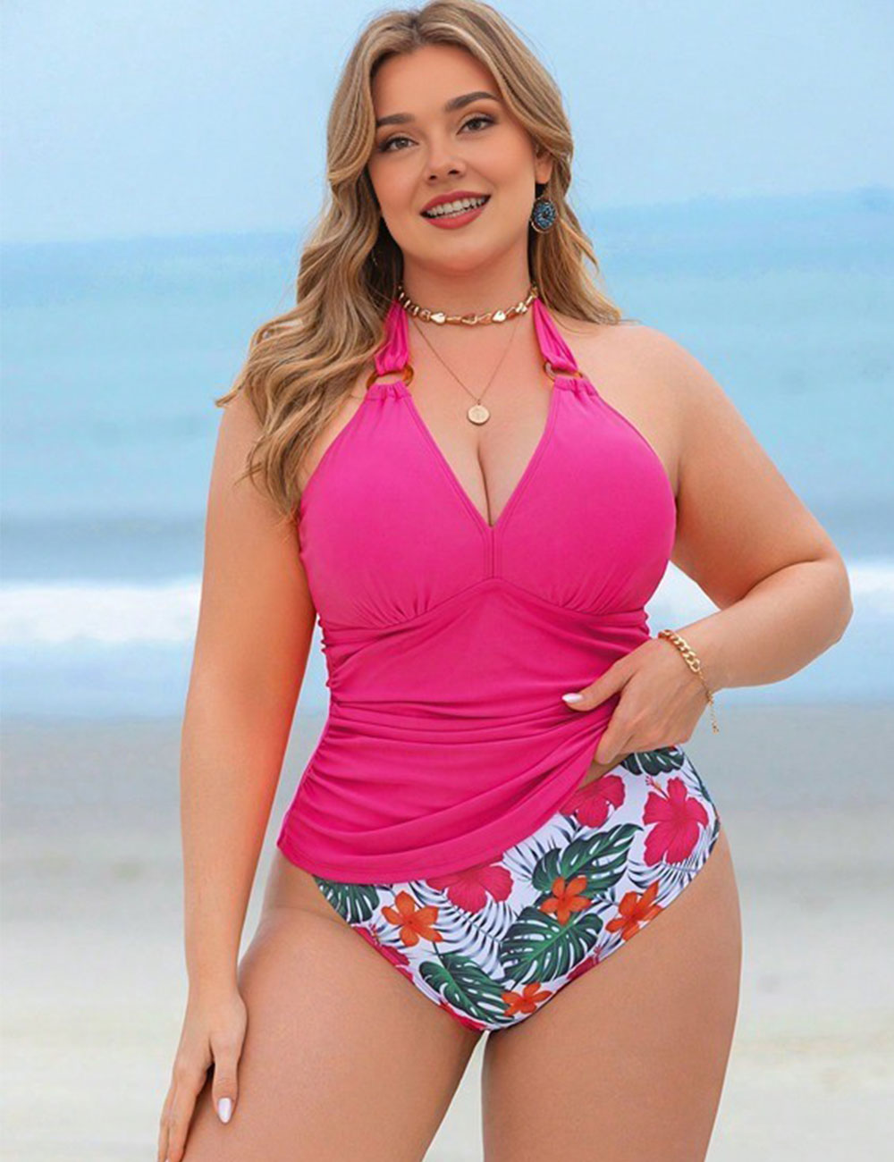 Plus Size Ruched Halter Tankini Set Hot Pink