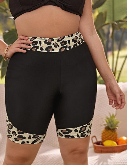 Plus Size High Waisted Leopard Panel Swim Shorts