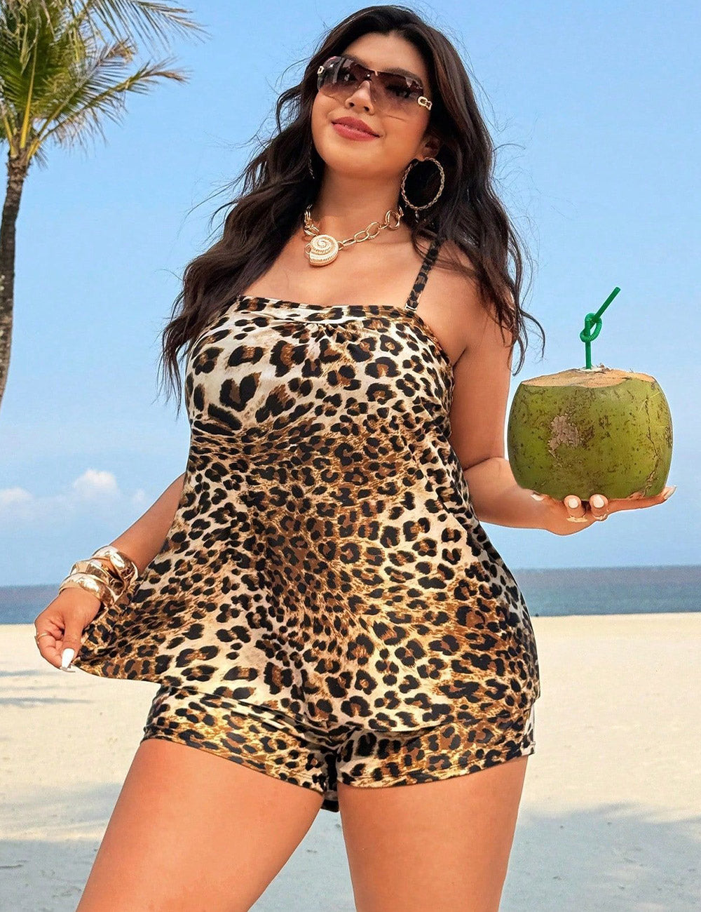 Plus Size Leopard Print Flowy  swimwear Tankinis