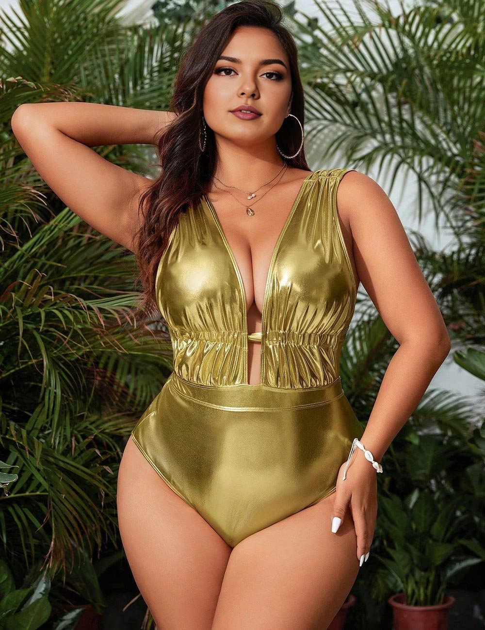 Plus Size Metallic Gold Plunge Ruched Cut-Out One Piece Swimsuit