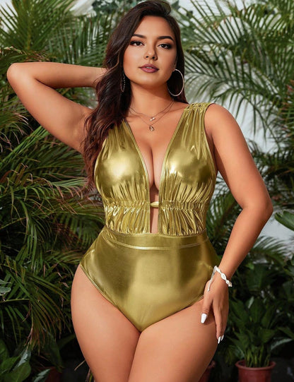 Plus Size Metallic Gold Plunge Ruched Cut-Out One Piece Swimsuit