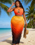 Plus Size Ombre 3 Piece Bikini Set with Skirt