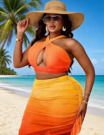Plus Size Ombre 3 Piece Cross Halter Bikini Set with Skirt