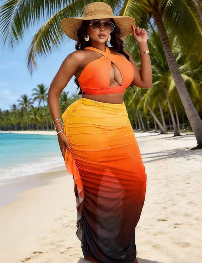 Plus Size Ombre 3 Piece Bikini Set with Sarong