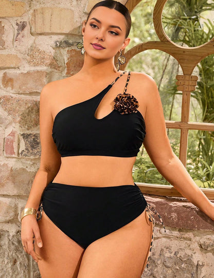 Plus Size One-Shoulder Black Bikini Set with Floral Accent
