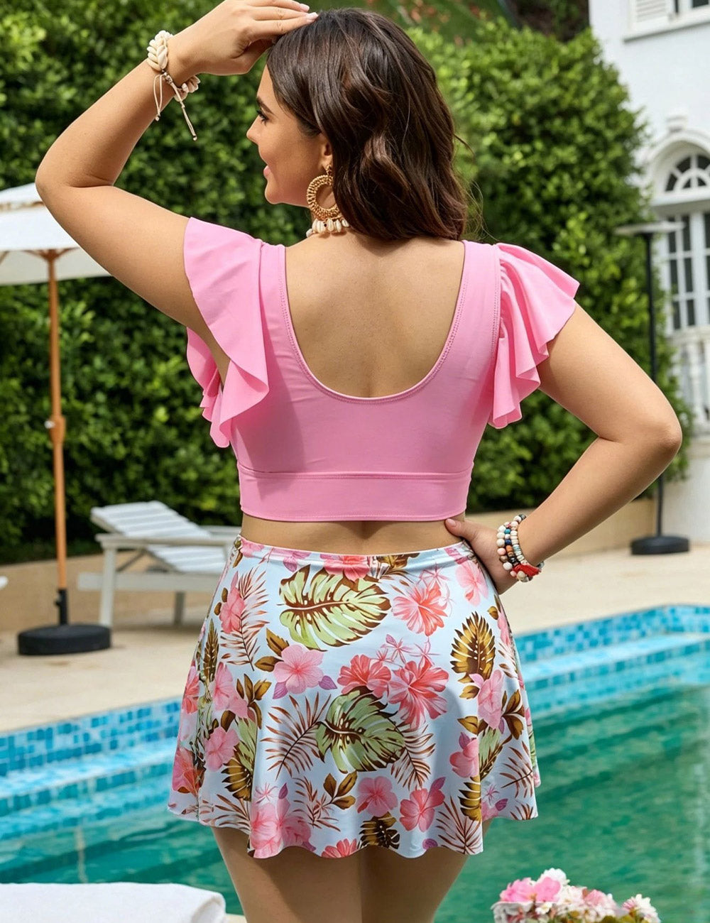 Plus Size Floral Ruffle Sleeve Two Piece Swimsuit Pink 