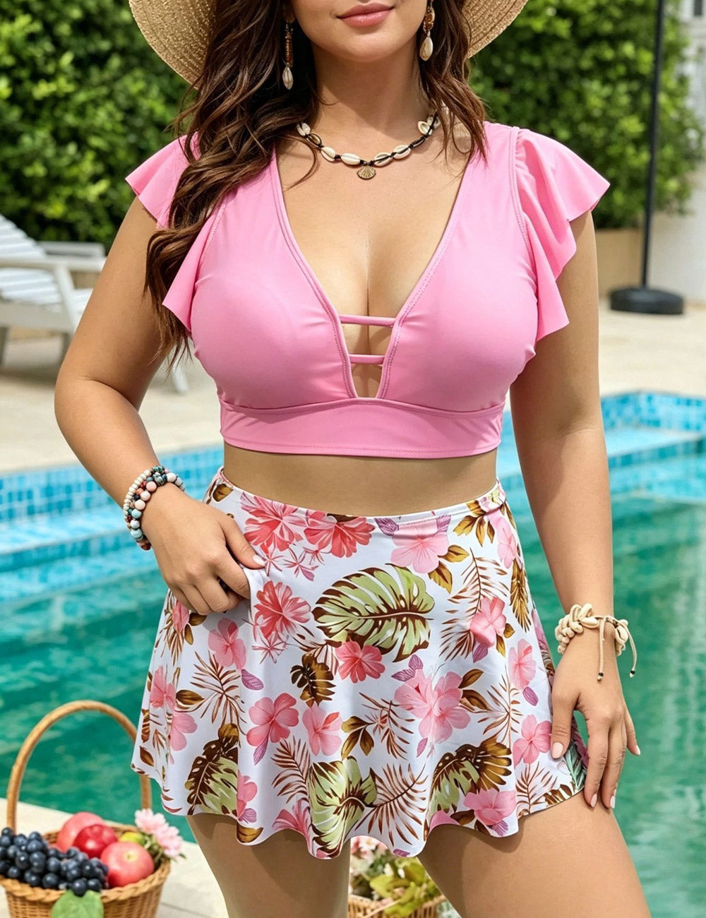 Pink Plus Size Floral Ruffle Sleeve Two Piece Swimsuit