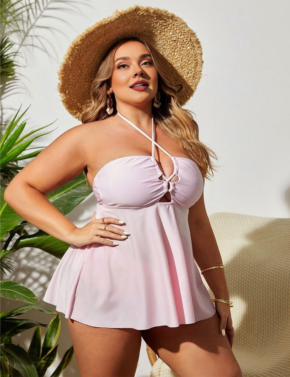 Plus Size Pink Halter Cut Out Swimsuit​
