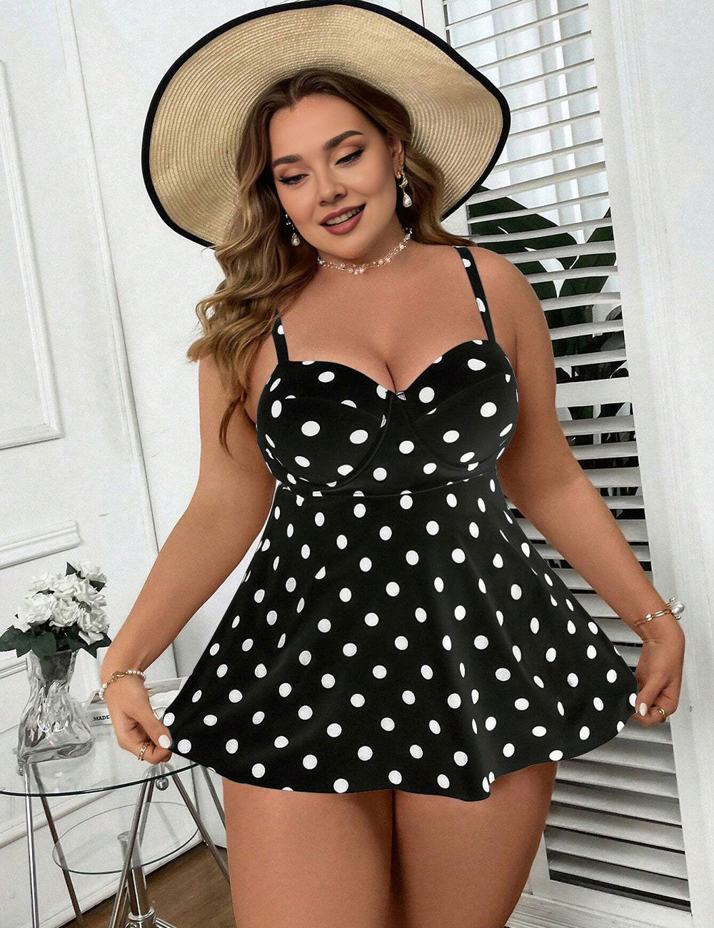 Plus Size Black Polka Dot Flowy Tankini Set