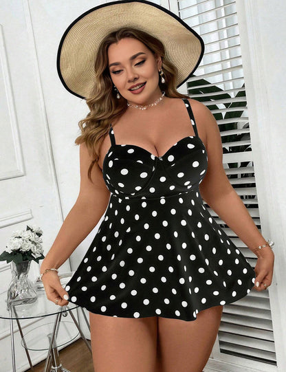 Plus Size Black Polka Dot Flowy Tankini Set