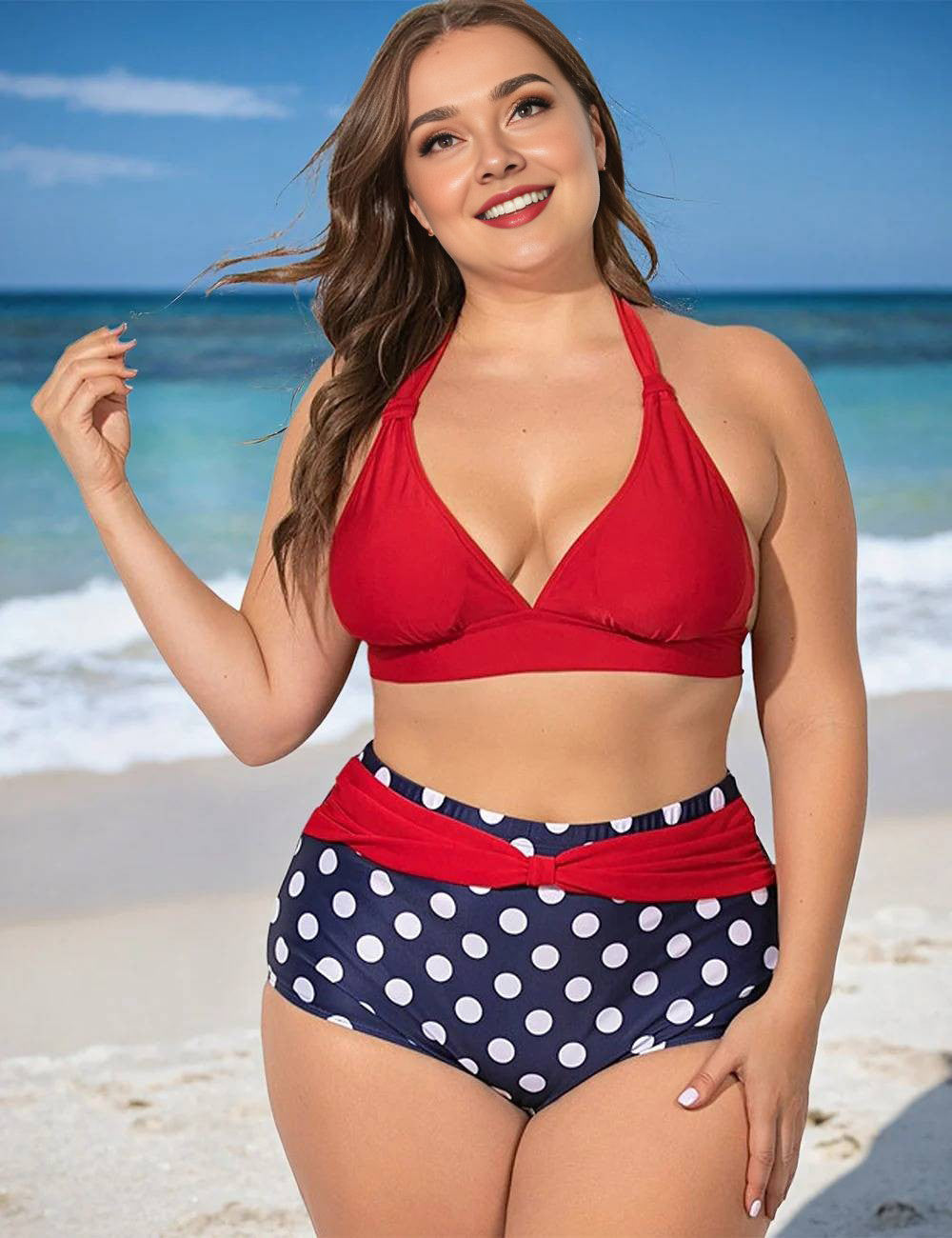 Plus Size Polka Dot Halter High Waisted Bikini Set