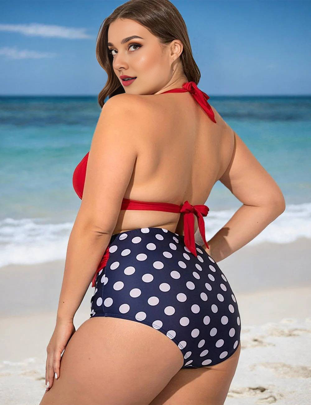 Plus Size Polka Dot Halter High Waisted Bikini Set Red