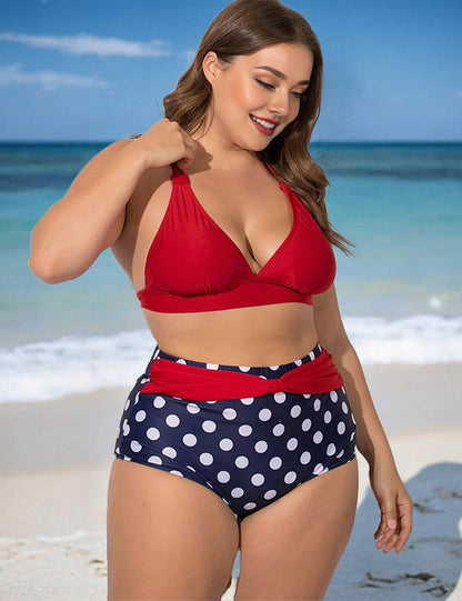 Red Plus Size Polka Dot Halter High Waisted Bikini Set
