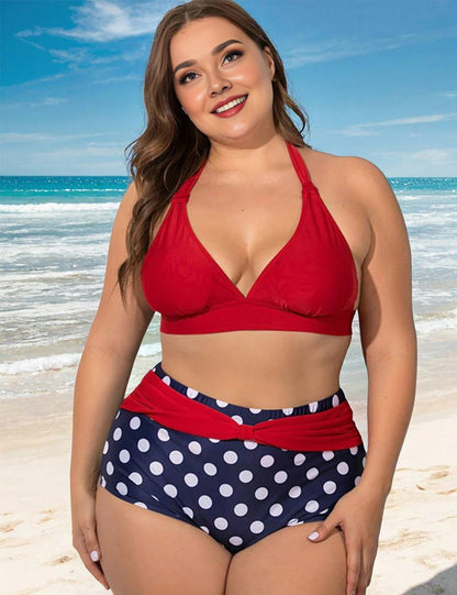 Women Plus Size Polka Dot Halter High Waisted Bikini Set