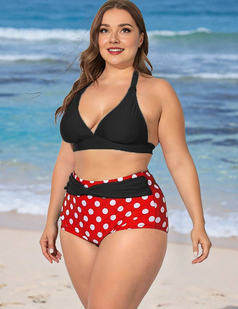 Black Plus Size Polka Dot Halter High Waisted Bikini Set