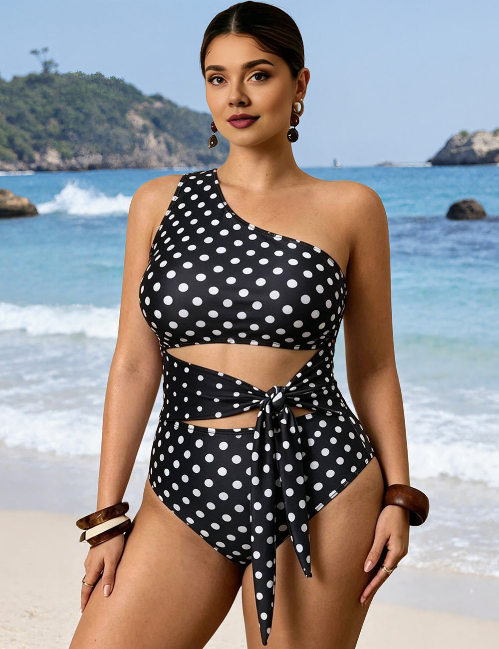 Black Plus Size Polka Dot One Shoulder Tie Front One Piece Swimsuit