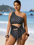 Black Plus Size Polka Dot One Shoulder Tie Front One Piece Swimsuit