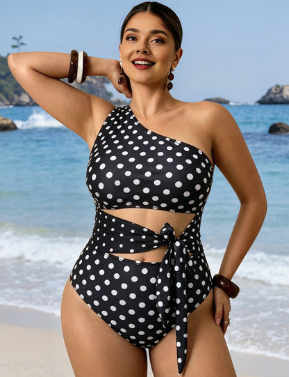 Plus Size Polka Dot One Shoulder Tie Front One Piece Swimsuit for Cuvy Women