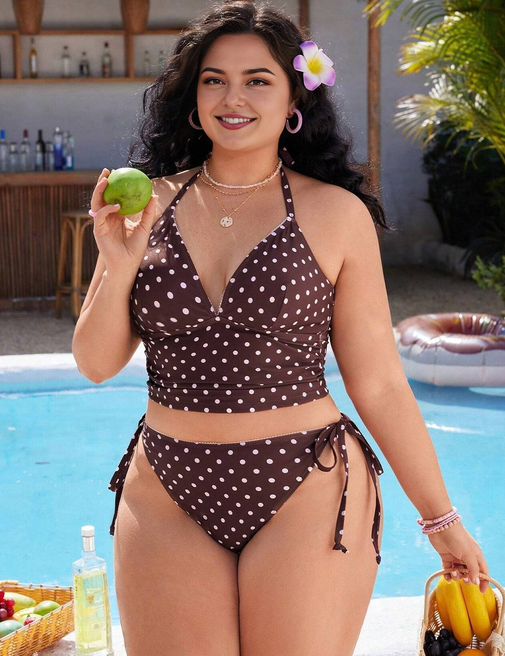 Plus Size Polka Dot Sweet Cute Halter Bikini Set