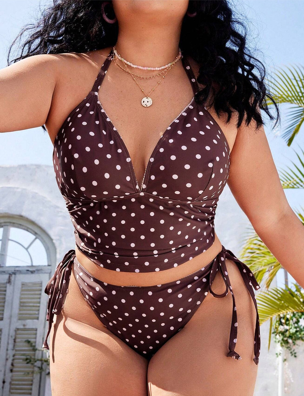 Plus Size Polka Dot Sweet Cute Halter Tie Side Bikini​