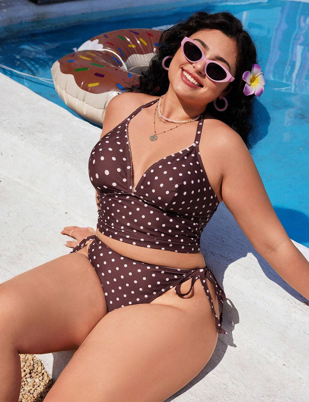 Plus Size Coffee Polka Dot Sweet Cute Halter Bikini Set