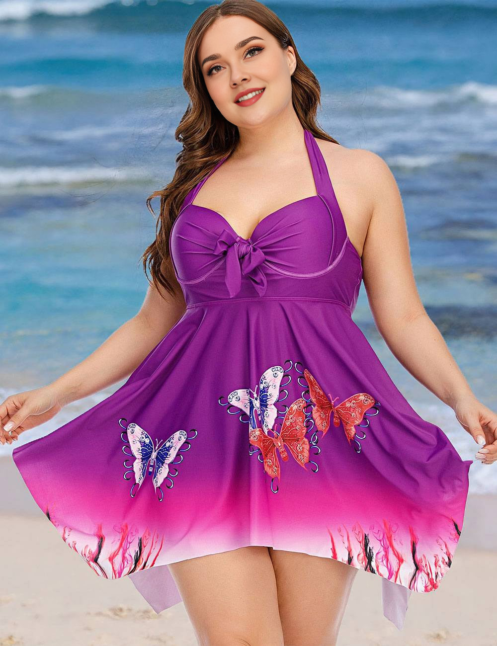 Women Plus Size Purple Halter Handkerchief Hem Swim Dress – CURVY SWIM