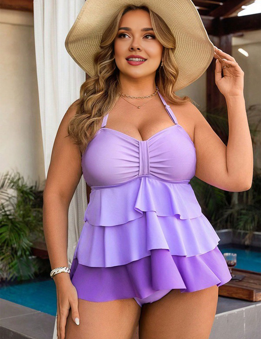 Plus Size Purple Tiered Ruffle Tankini Set