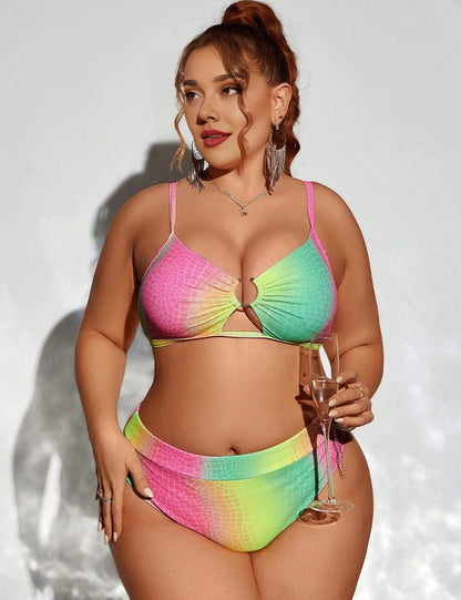 Plus Size Gradient Rainbow Cut Out Bikini Set