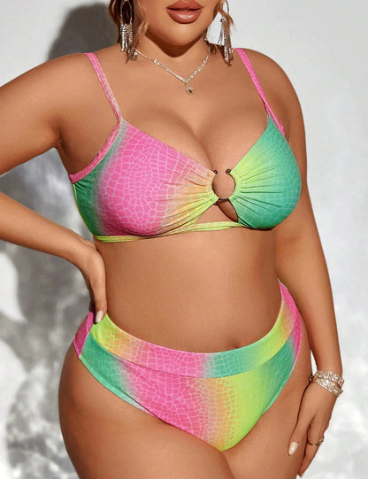 Plus Size Cut Out Gradient Rainbow Bikini Set