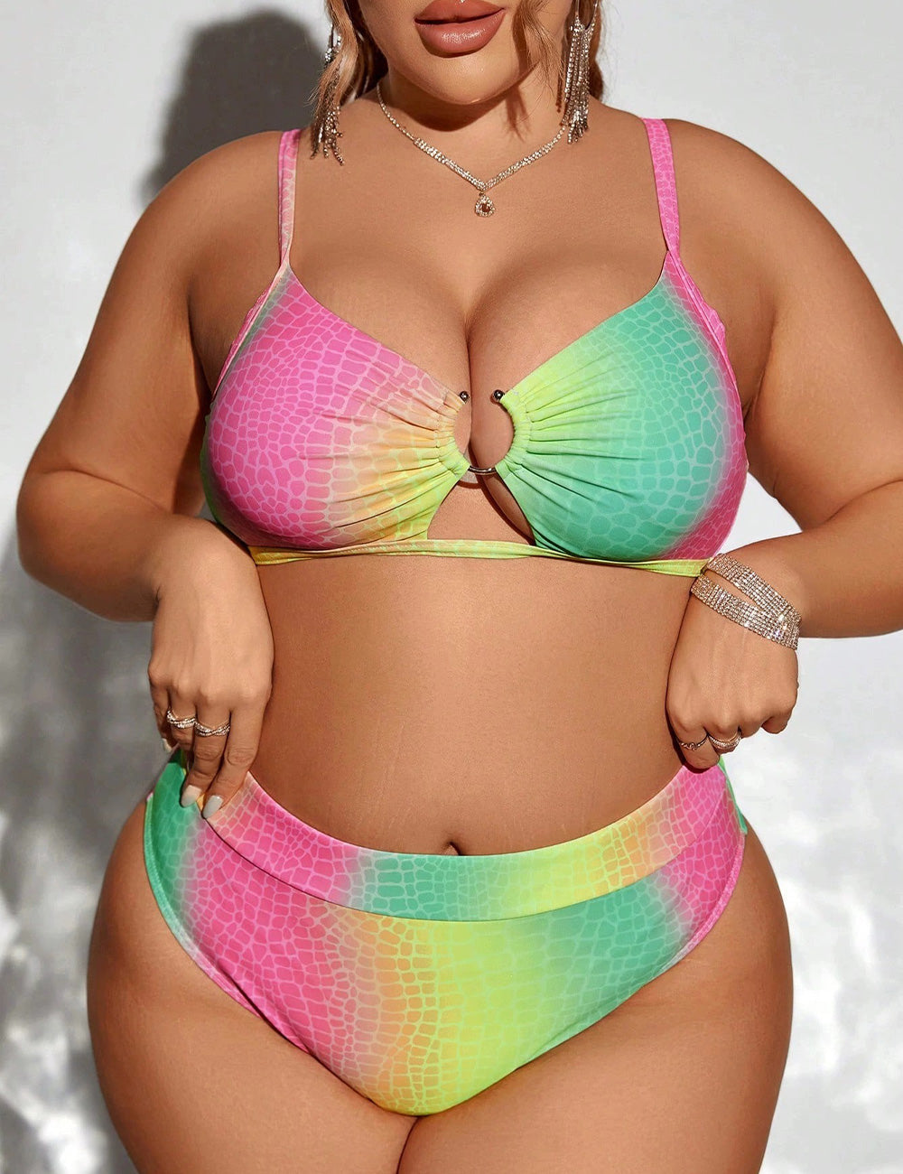 Plus Size Gradient Rainbow Cut Out High Waisted Bikini Set