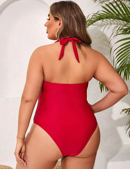 Plus Size Halter Ruched Tummy Control One Piece Swimsuit Red 