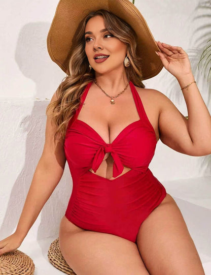 Plus Size Red Ruched Tummy Control Cut Out One Piece Swimsuit
