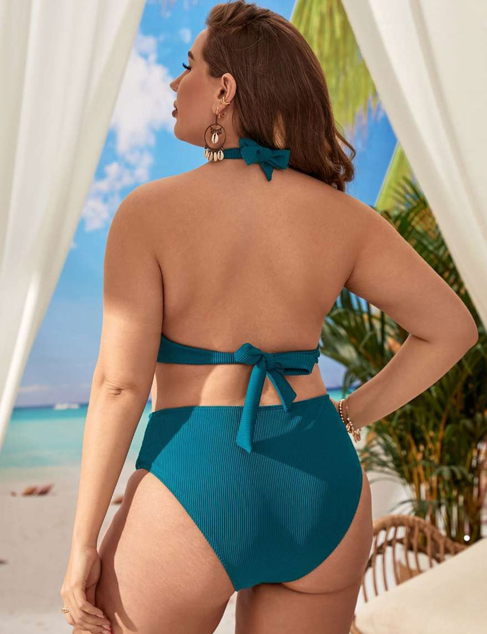 Plus Size Ribbed Halter Cut-Out One Piece Swimsuit