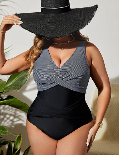 Plus Size V Neck Wrap Tummy Control One Piece Swimsuit